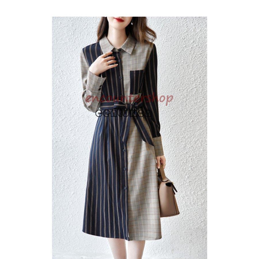 シャツワンピース レディース 30代 40代 50代 春秋冬 Aラインワンピース きれいめ 膝丈 チェック柄ワンピース 上品 長袖 配色 着痩せ大人