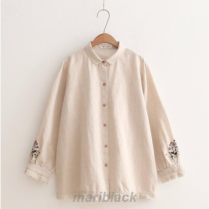 リネン ブラウス レディース 長袖 シャツブラウス リネンブラウス オフィス 花刺繍 刺繍ブラウス レディース シンプル 綿麻 レース裾