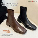 ショートブーツ レディース ショート丈 ソックスブーツ スクエアトゥ ローヒール PU サイドジッパー 黒 ブーツ 履きやすい 歩きやすい おしゃれ 美脚 大人