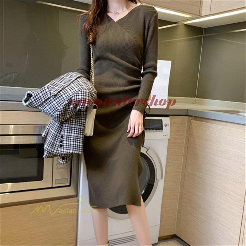 ニットワンピース レディース 秋冬 ロングニット 結婚式ドレス 上品 ロング 韓国ファッション 膝下 通勤 OL コーデ 20代 30代 40代 カシュクール vネック 着痩せ