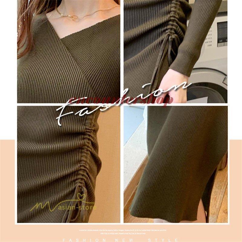 ニットワンピース レディース 秋冬 ロングニット 結婚式ドレス 上品 ロング 韓国ファッション 膝下 通勤 OL コーデ 20代 30代 40代 カシュクール vネック 着痩せ