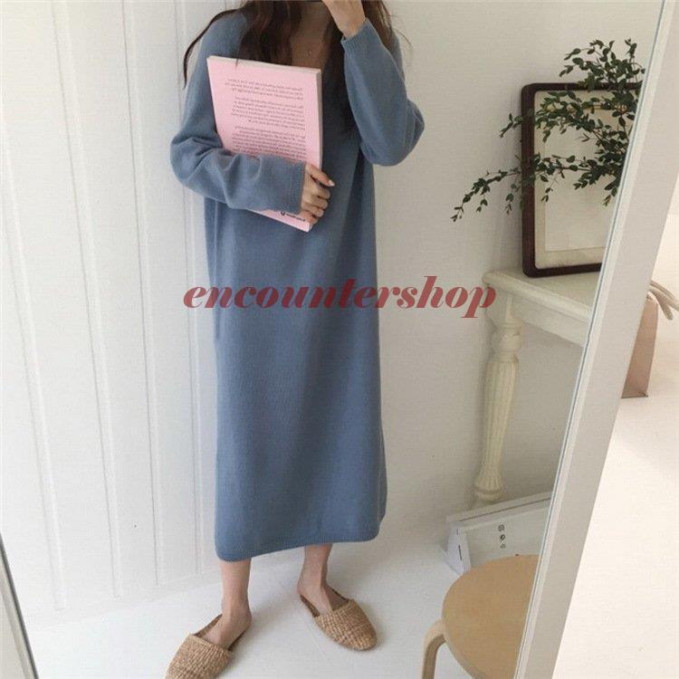 ニットワンピース レディース 40代 キレイめ膝丈ワンピース 秋冬 長袖ワンピース vネックワンピース ロング丈 Aライン カジュアル オシャレ 韓国風 通勤 着痩せ