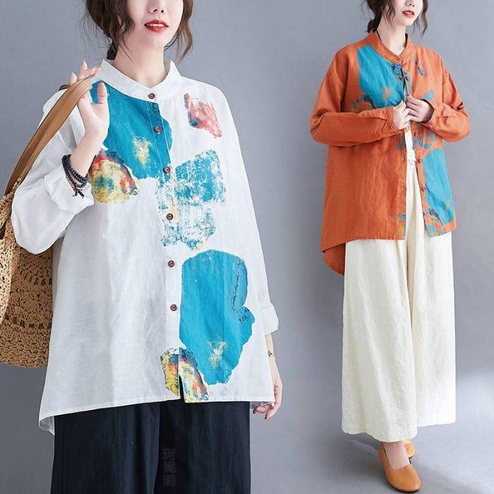 Rakuten - ブラウス レディース 長袖 シャツブラウス シャツ 絵柄 トップス ゆるTシャツ 丸首 大きいサイズ プルオーバー カジュアル 着痩せ