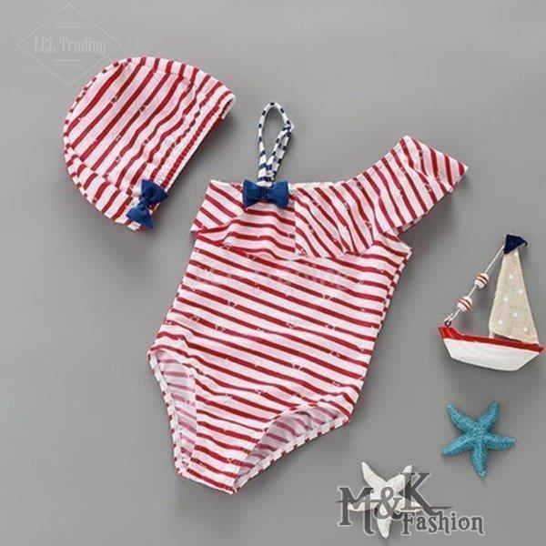 水着　子供水着 連体水着　韓国風　スカラップ　ストライプ　体型カバー キャミ　バンドゥビキニ　可愛い　紫外線カット ビーチ　ミズギ　爽やか