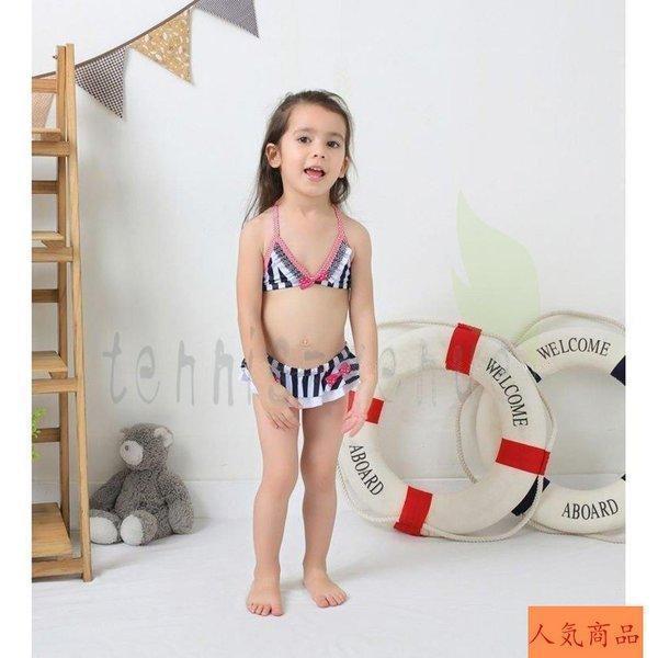 【スーパーSALE/激安】 水着 ビキニ キッズ 女の子 子供用 スイムウェア スイムキャップ付き 水泳帽 セパレートタイプ ストライプ リボン フリル フリフリ かわいい プー スーパーセール