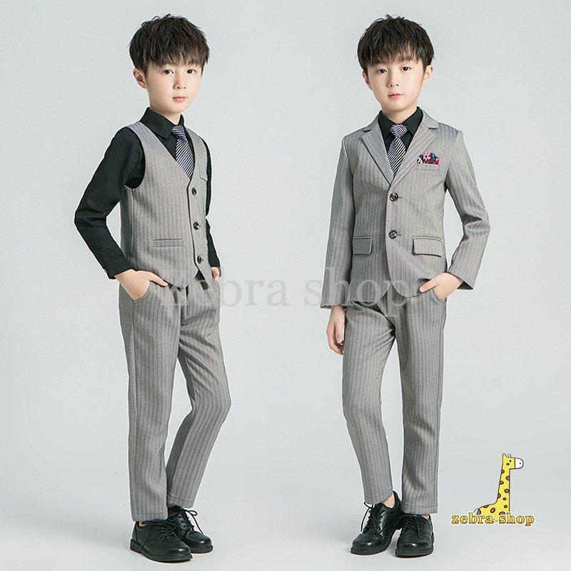 子供 スーツ 男の子 5点セット黒 縦縞 フォーマル キッズ 入学式 発表会 卒業式 七五三 タキシード 子ども こども 90-170cm