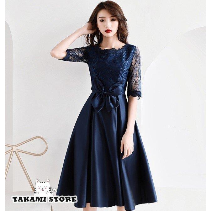 パーティードレス 結婚式 お呼ばれドレス 膝丈 袖あり 赤 黒 青 シースルー袖 ウエストリボン ウエストマーク 五分袖 大きいサイズ 3L 4L 小さいサイズ