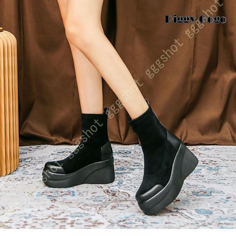 レディース ストレッチ ブーツ 8.5cmヒール 厚底 身長アップ ウェッジブーツ アンクルブーツ プラットフォーム ショートブーツ スニーカー スエード 美脚