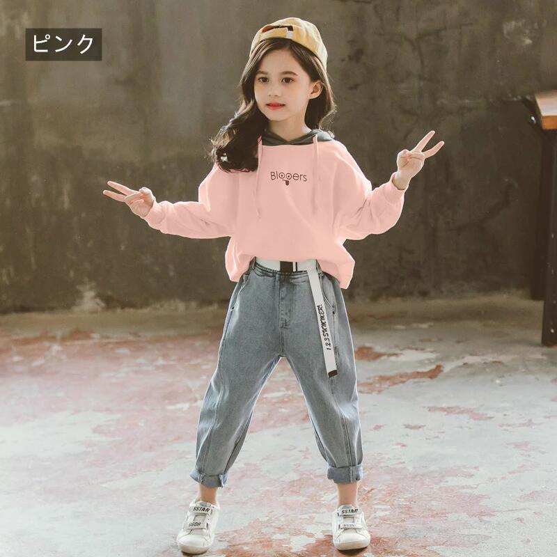 子供服 女の子　セットアップ　春秋冬　長袖＋デニムズボン　2点セット　ホワイト　ピンク　カジュアル..
