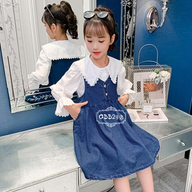 韓国子供服 セットアップ 女の子 2点セット 白シャツ デニムワンピース 春秋 長袖 ...