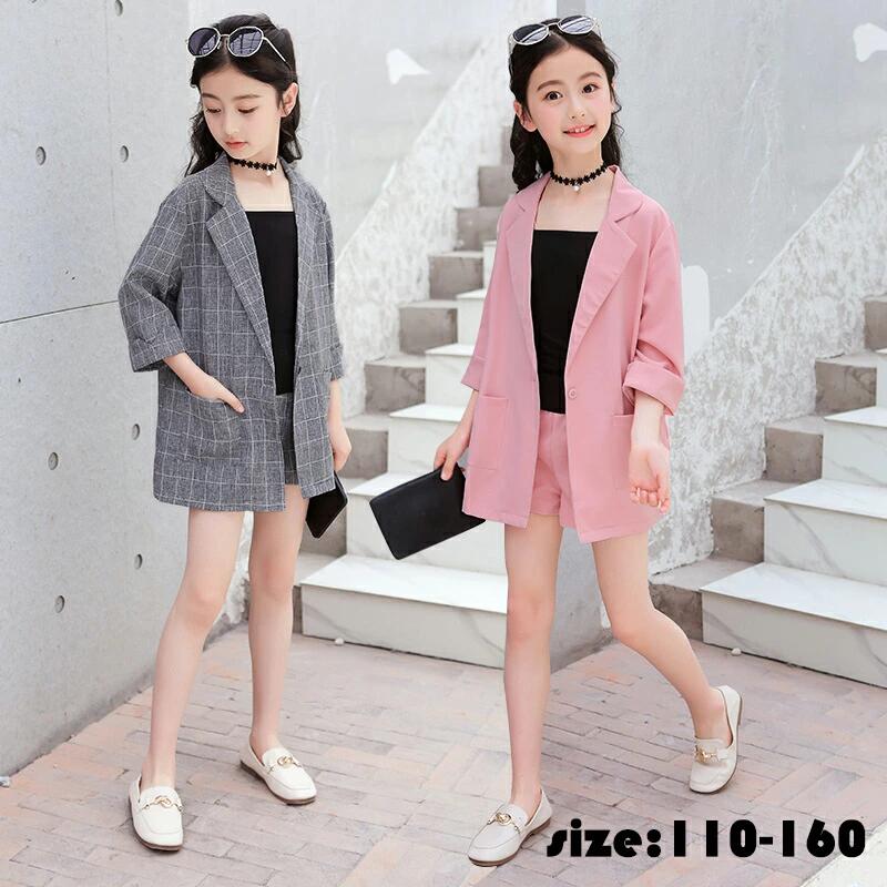 韓国子供服 スーツ 3点セット 春夏 綿麻混 コート 半ズボン キャミソール スーツジャケット チェック柄 薄手 五分袖 フォーマル セットアップ ゆったり 女...