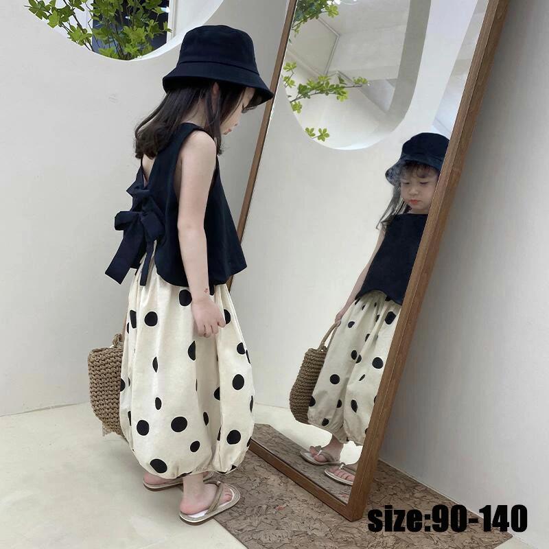 韓国子供服 セットアップ チョッキ ガウチョパンツ ズボン 夏 ノースリーブ ベアバック ドット 水玉 ワ..