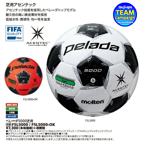 【6個セット販売／送料無料】モルテン　サッカーボール5号　ペレーダ5000　アセンテック　サッカー5号球〔molten　F5L5000〕(芝用)