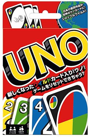 ★特徴 　・発売以来、不動の人気を誇るカードゲームの定番中の定番「UNO」！ 　・ルールはとっても簡単！ 　・前の人が捨てたカードと同じ色、数字、または記号カードの 　　指示に従って自分のカードを捨てていきます！ 　・残りのカードが一枚になったら「UNO(ウノ)」と宣言し、 　　最後の一枚を捨てられたら勝ちです！ 　・新しくなったワイルドカード入り！ 　・白いワイルドカード3枚入り！ ★セット内容　UNOカード(112枚)、解説書 ★プレイ人数　2〜10人用 ★メーカー　マテル・インターナショナル ★パッケージサイズ(mm)　145×93×20 ★電池　不要 ★対象年齢　7才〜ギフト対応