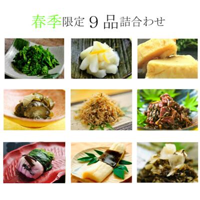 春季限定9品入詰合せ菜の花漬・ゆず千本・たけのこ鰹煮・胡瓜の青しそ漬・ちりめん山椒・壬生菜しば・紫蘇かぶら・割大根漬・刻みすぐき