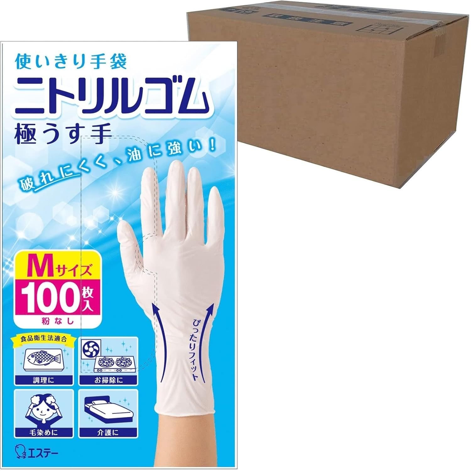 エステー 使いきり手袋  ニトリルゴム 極うす手 Mサイズ ホワイト 100枚×24個 粉なし 左右両用タイプ 調理 掃除 毛染め 介護 ニトリル手袋 使い捨て (食品衛生法適合)