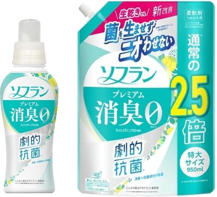 ライオン ソフ ラン フレッシュグリーンアロマの香り　プレミアム消臭 柔軟剤 本体 510ml + 詰め替え 特大 950mlアロマソープの香りでニオイを消すだけでなく、そもそもニオイの発生を抑える柔軟剤繊維のすみずみまで、極小消臭成分＋抗菌成分が吸着し生乾きでも菌を生ませず*、ニオわせない プレミアム消臭 柔軟剤 フレッシュグリーンアロマの香り 本体 510ml + 詰め替え 特大 950ml 商品紹介ただニオイを消すだけでなく、そもそもニオイの発生を抑える柔軟剤繊維のすみずみまで、極小消臭成分＋抗菌成分が吸着し生乾きでも菌を生ませず*、ニオわせない汗臭・体臭・生乾き臭・加齢臭・靴下臭も0へ*菌の増殖がないこと（洗濯直後比）すべての菌の増殖を抑えるわけではありません