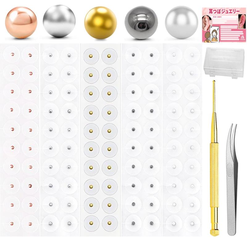 ASGEM 【5色組み合わせ】 耳つぼジュエリー 100粒/200粒 (チタン+真珠の色+ローズゴールド+シルバー+ゴ..