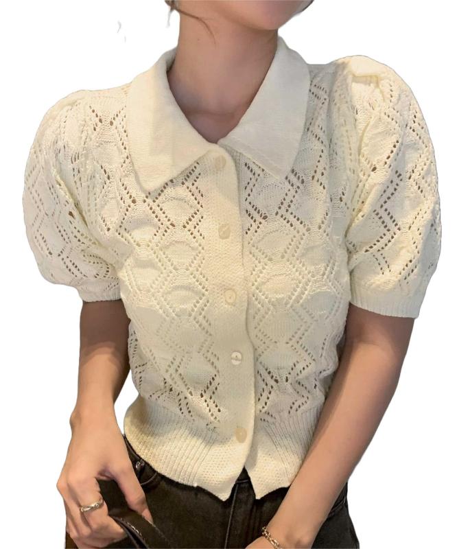 [ティティベイト] 透かし編み パフスリーブ ニット トップス AFXP4265 レディース