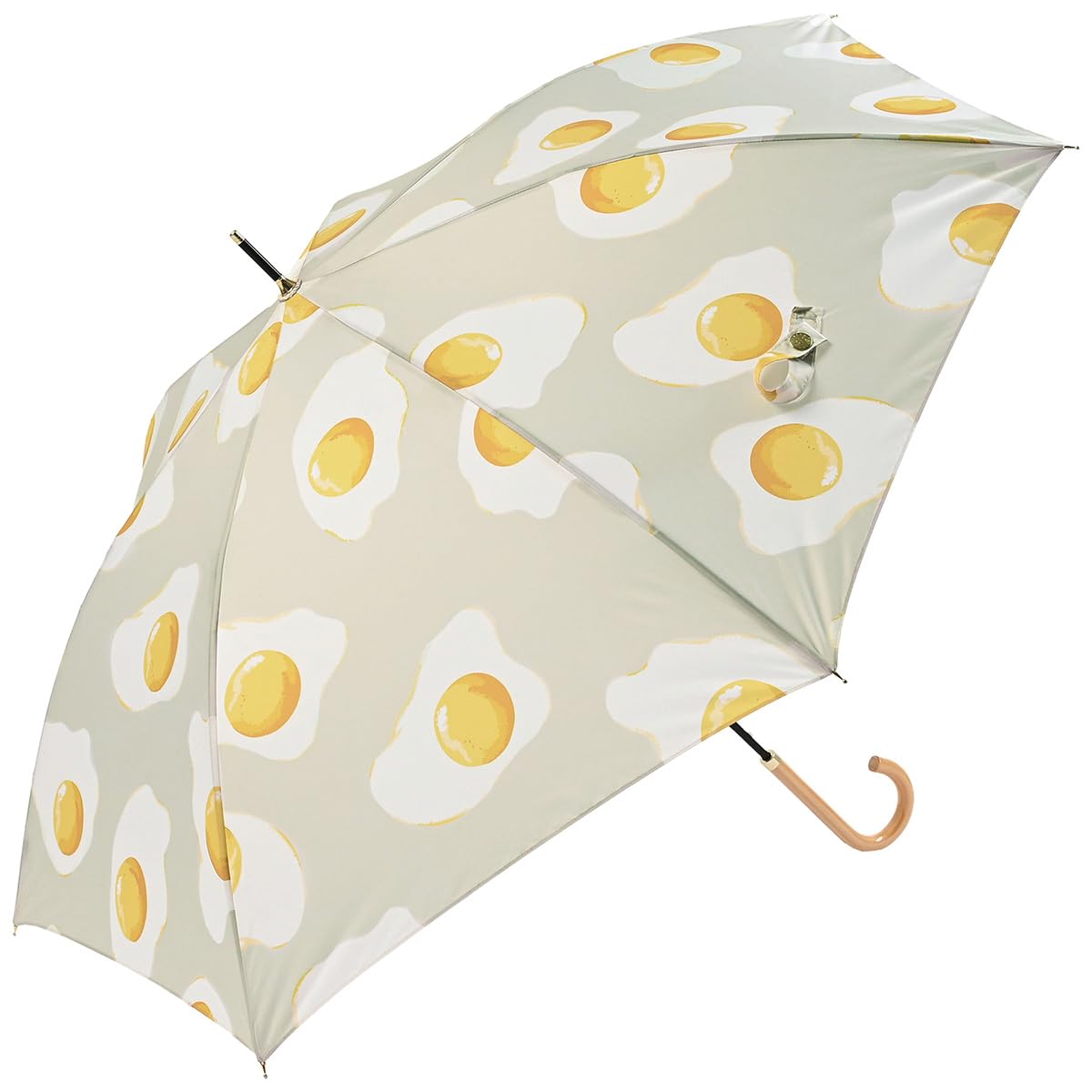 • 荷物が多い時や車から降りて雨だった時など、片手でパッと開くジャンプ傘はとても便利。niftycolorsのオリジナルジャンプ傘「smart jump」は、エレガントなプッシュボタンやスリムなシルエットなど見た目の美しさにこだわりました。サイズも親骨60cmなので、大きくカバーできます。 • 7本骨なので一般的なジャンプ傘よりも約10%（当社比）軽くなっています。太めの木のハンドルがしっかり握れて安心です。本製品は雨傘としてご使用いただくことを主としていますがアクリルコーティング加工を施しているため紫外線防止効果があります。 • 紫外線遮蔽率は濃色生地で約90%、淡色生地で約80%が目安となります。 • おいしそうな目玉焼きがデザインされたジャンプ傘です。ミントとベージュの2色展開で、ポップなスタイルからカジュアルな日常使いまで幅広くお使いいただけます。