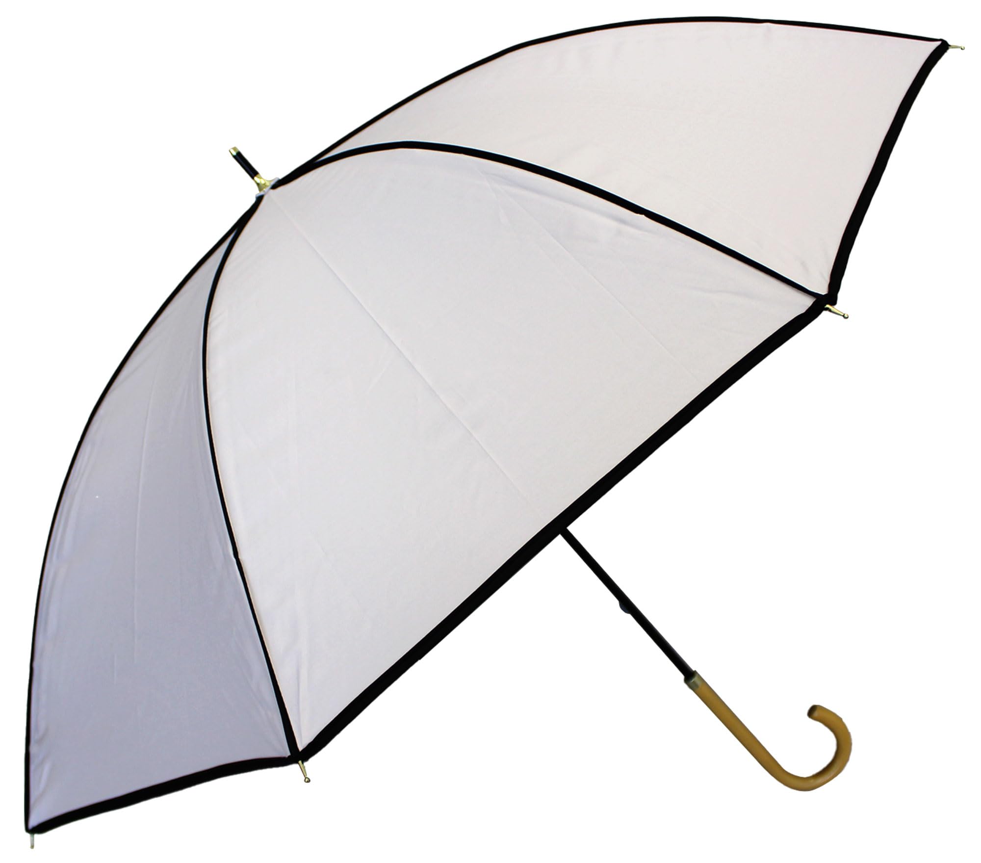 • サイズ：（親骨）親骨 55cm（直径）93cm、 骨の数:8、 重量:299g、 素材：(親骨)軽量 丈夫 耐風 グラスファイバー、 (中棒)鉄、 (手元)木、 (生地)撥水ポリエステル、 開閉方法：手開き • 圧倒的な耐熱耐UV素材採用。内側を特殊コーティング、一級遮光でしっかり遮熱。紫外線もUV99.9％カット、UPF指数も最大の50+を実現。しっかりギラギラ太陽から守ってくれます。 • もちろん基本スペックもバッチリ雨に対する撥水も◯。雨の日、晴れの日 快適に外を過ごせる。女性らしい生地カラーをベースに。縁と親骨に沿ったパイピングがアクセントでとっても可愛い。 • 8本骨＆丈夫 軽量 グラスファイバー骨で長さは維持しつつ、超軽量化を実現。 折れにくく軽量でストレスフリー。 • 女性らしい剣先長め＆長柄のスタイル。閉じて持ち歩く姿も美しい。