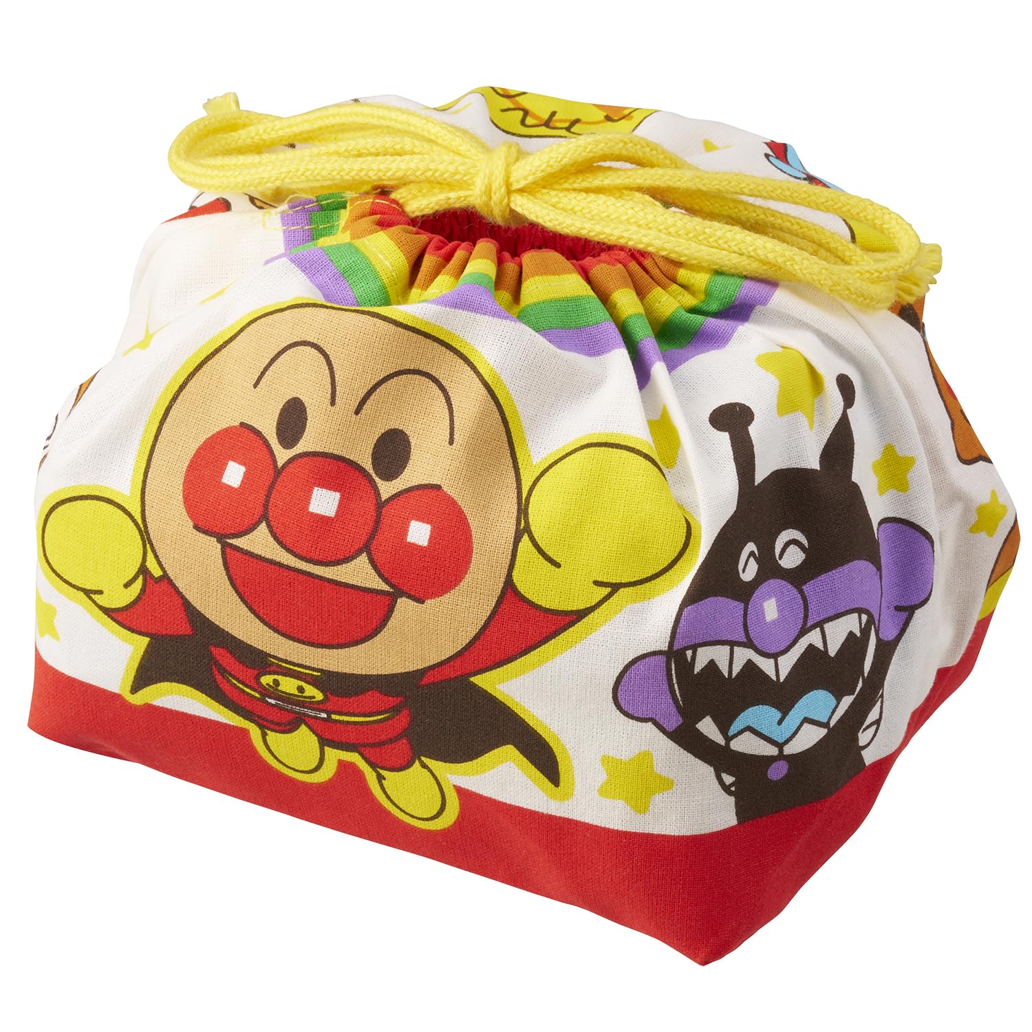 • お弁当やデザートケースを入れられる、マチ付のお弁当袋です。 • おなまえスペース付きです。 • 表・裏・底とそれぞれ違うキャラクターが入った楽しいデザインです。 • 幅約15cm×奥行約13cm×高さ約16cmです。