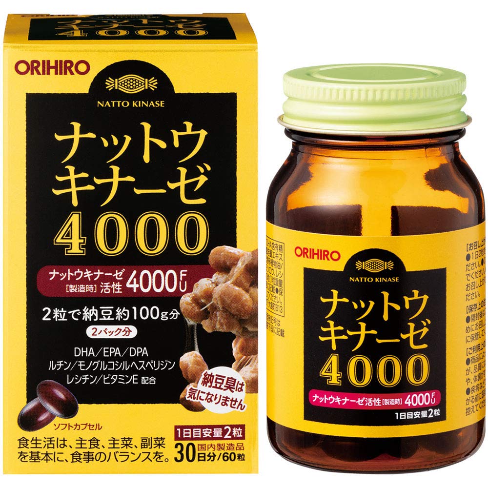 • 1日2粒で納豆約100gのナットウキナーゼ活性（4000FU） • DHA・EPA、ヘスペリジン、ルチン、ビタミンE、レシチン配合 • 30日分 • 内容量:60粒 • 商品サイズ (幅×奥行×高さ) :55mm×55mm×95mm