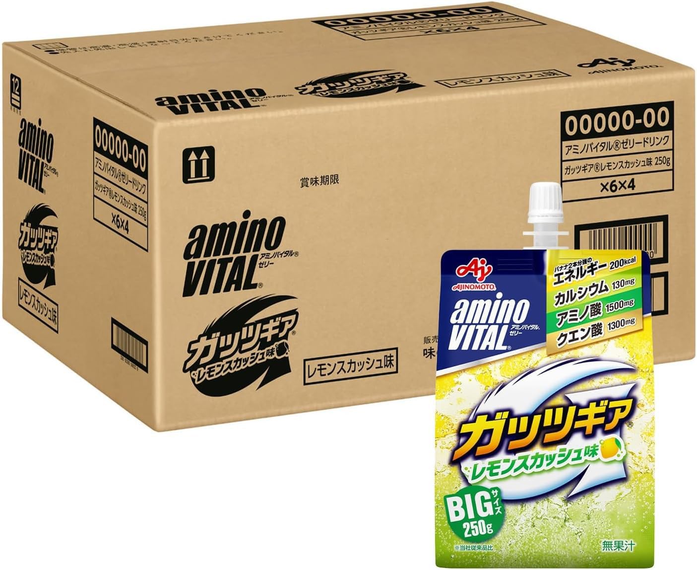 • 大切なエネルギー源となるアミノ酸1500mgとカラダづくりに大切なカルシウム130mg、もうひと頑張りをサポートするクエン酸1300mgを配合したゼリードリンクです。満足できる大容量250gタイプで、1袋でバナナ2本分強（200kcal）のエネルギー。高校生や大学生に好まれるレモンスカッシュ味で、運動時やリフレッシュしたいときにおすすめです。
