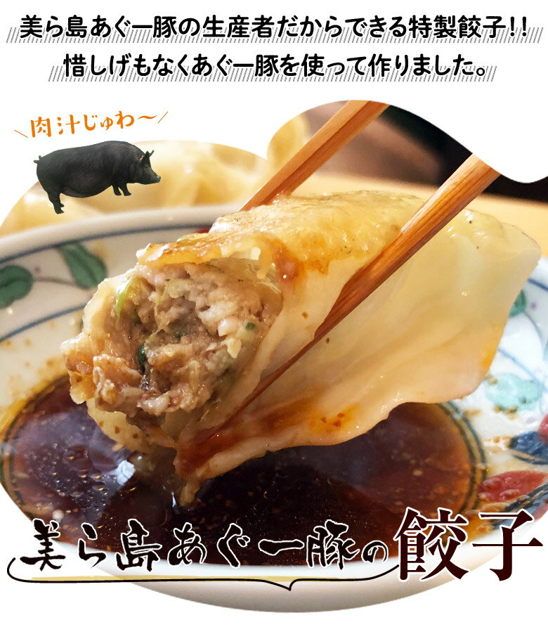 　商品説明 沖縄・美ら島あぐー豚を使用した生餃子。豚肉の旨味をぎゅっと閉じ込めて冷凍でお届けします。 アグー50％と大ヨークシャー・ランドレースの掛け合わせ50％からなる、「美ら島あぐー豚」を100％使用しております。 あぐー豚はとにかく旨味が濃厚な肉汁が溢れ出るので、ジューシーに味わえるように餃子を作り上げています。一口かじりついた瞬間、じゅわっと肉汁が溢れ出すので、スープが流れ出ないようにお召し上がりください。 フライパンに油を引き、冷凍のまま餃子を並べ、餃子の3/1くらいまで水を入れ、蒸し焼きにします。水分が飛んで焼き色が付いたら完成です。 商品名 配送業者美ら島あぐー豚100％使用 あぐー豚の餃子　20個入り（480g）×2パックセット●佐川急便配送温度帯 賞味期限・消費期限●冷凍目安として1か月間（パッケージに記載）原材料・加工地・原産国等【原材料】野菜（キャベツ、たまねぎ、白菜、にら、にんにく、生姜）、豚肉、豚脂、しょうゆ、食塩、ごま油、香辛料、皮（小麦粉、食塩、でん粉）、調味料（アミノ酸等）、トレハロース、（原材料の一部に大豆を含む） 【加工地】沖縄 販売者株式会社食文化　〒104-0045 東京都中央区築地6-15-10