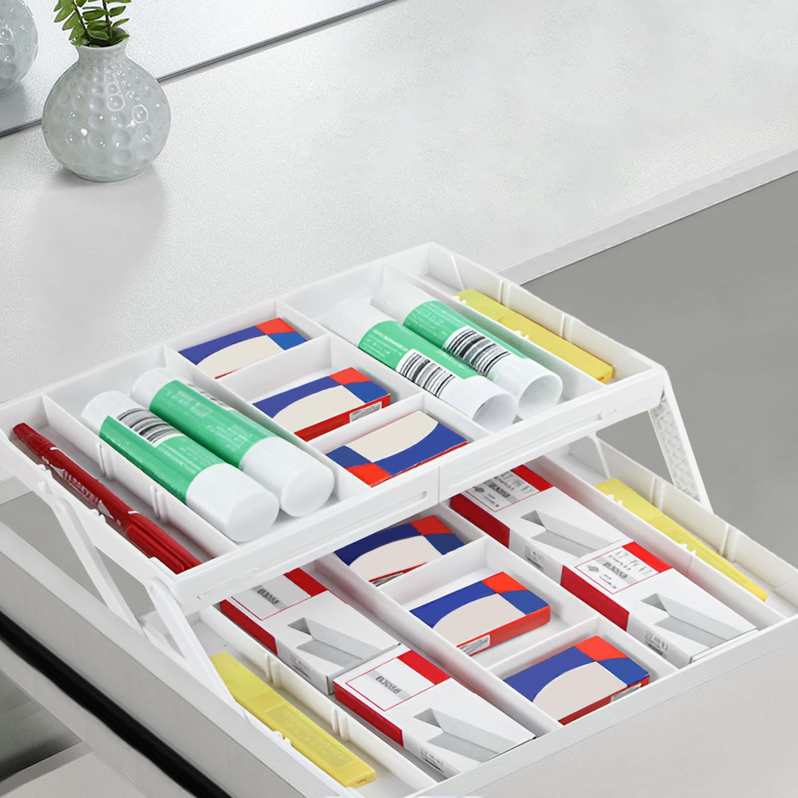 メイクアップオーガナイザートレイ、キッチン食器オーガナイザー - キッチン引き出し用食器オーガナイザー折りたたみ式収納トレイ 2/3 段 | 化粧品ジュエリーツール収納用のディバイダー付き拡張可能なデスクオーガナイザー