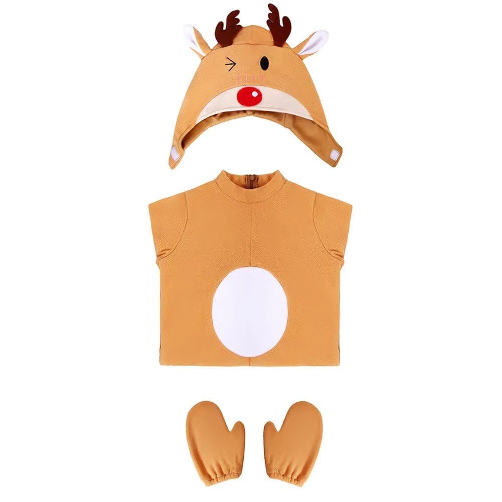 キッズコスチューム トナカイ ジャンプスーツ 鹿 コスチューム ヘッドギア 手袋付き 仮装 クリスマス コスプレ ハロウィン プリム カーニバル 衣装 子供用 ユニセックス（Mサイズ）