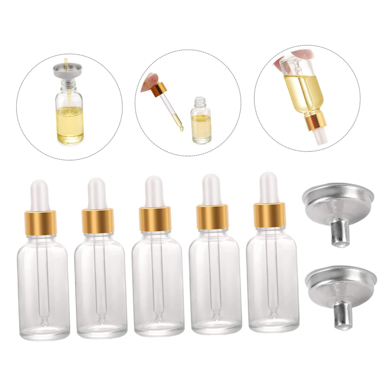 クリアガラスエッセンシャルオイルボトル 漏斗付き 詰め替え可能 スポイトボトル カスタムブレンド 旅..