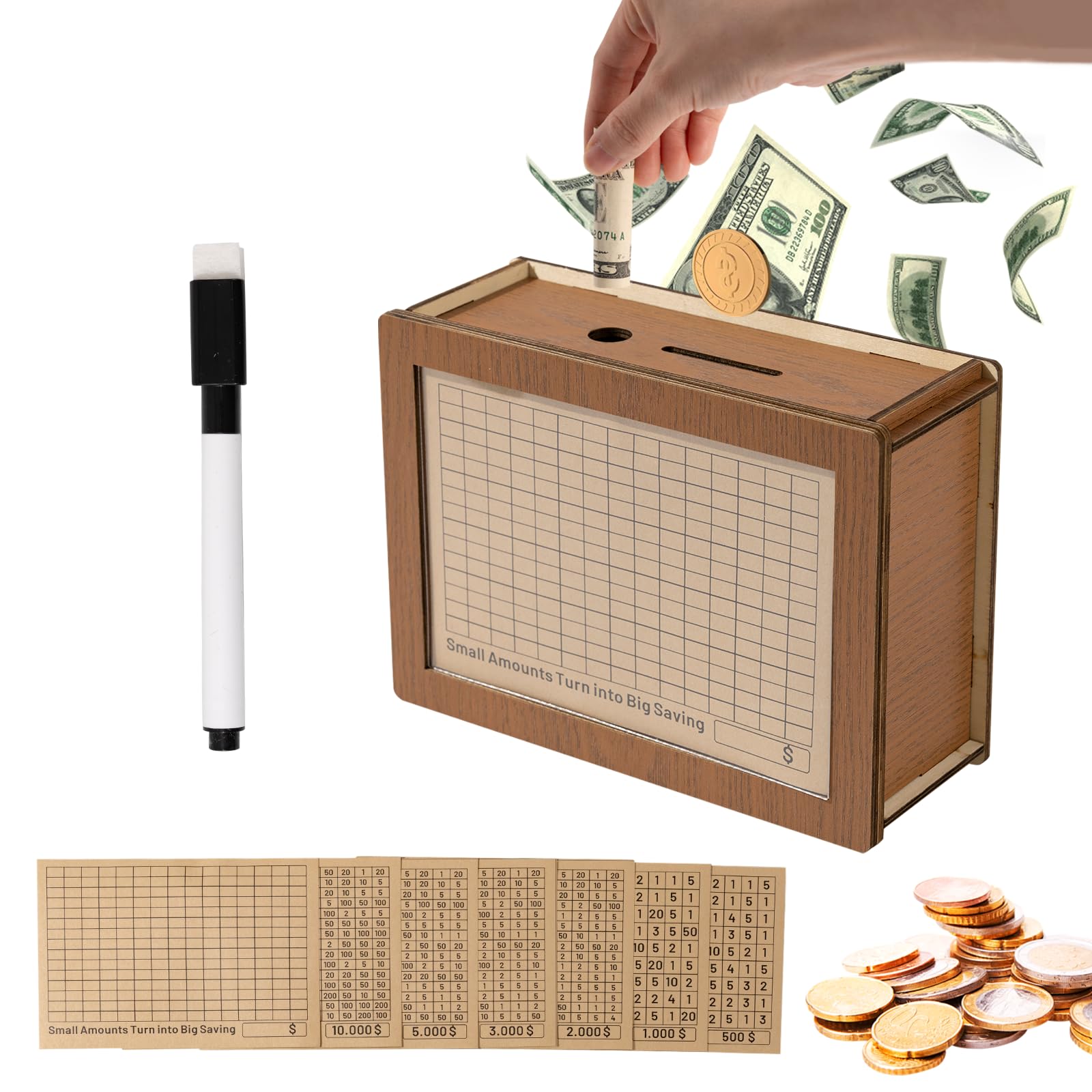 貯金箱 木製 レトロ 貯金 キャッシュ マネーチャレンジボックス 貯蓄ゴール用貯金箱 (ステッカー)