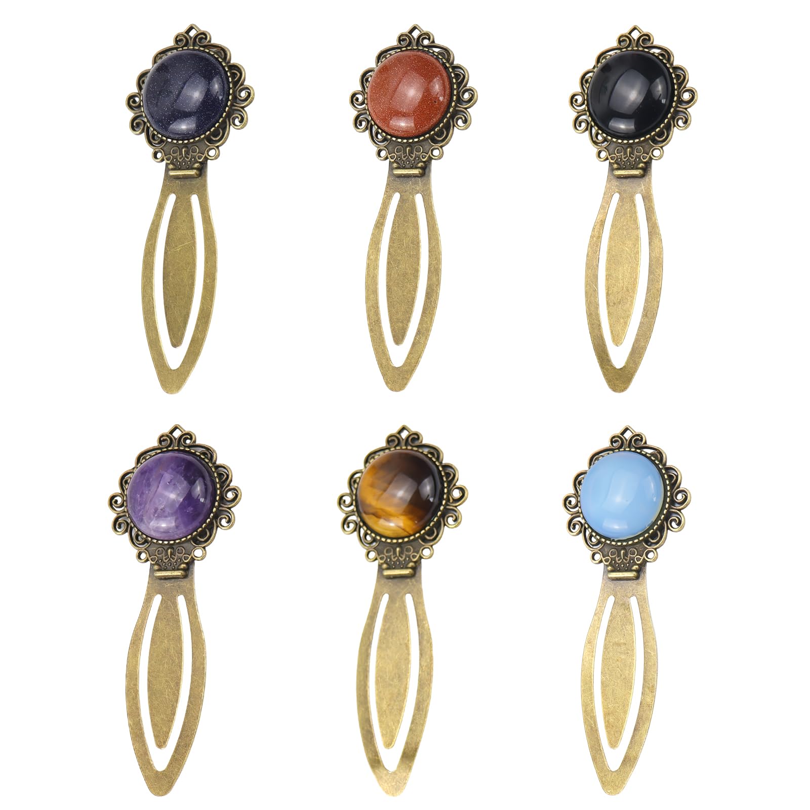 天然クリスタルストーン付きヴィンテージ真鍮メタル銅ブックマーク6個、本好きのためのエレガントでユ..