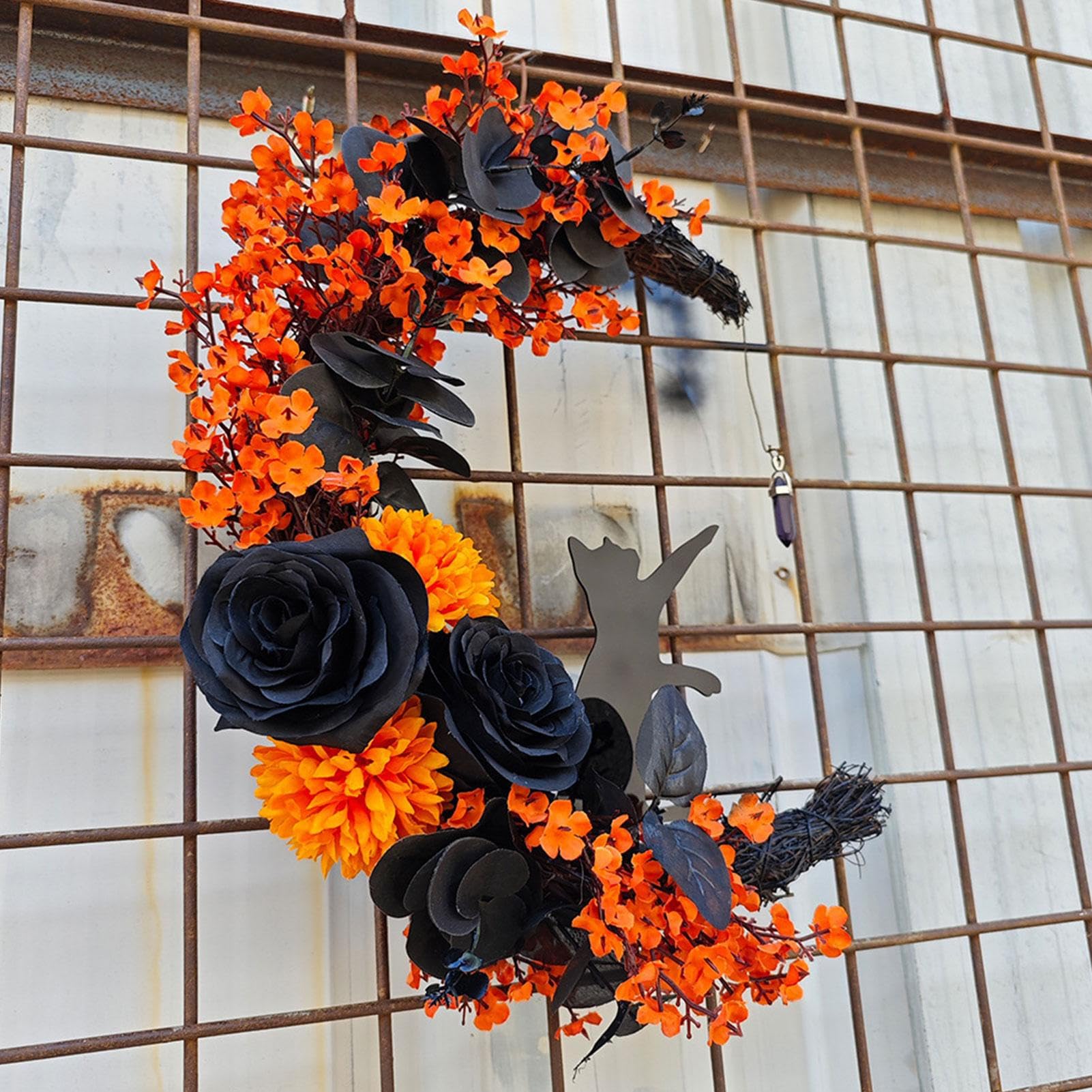明るいハロウィーンの花輪|ハロウィーンの正面玄関の花輪|明るいハロウィーンの花輪、ハロウィーンムーンキャットガーランドホームパーティーウィンドウウォール屋内屋外