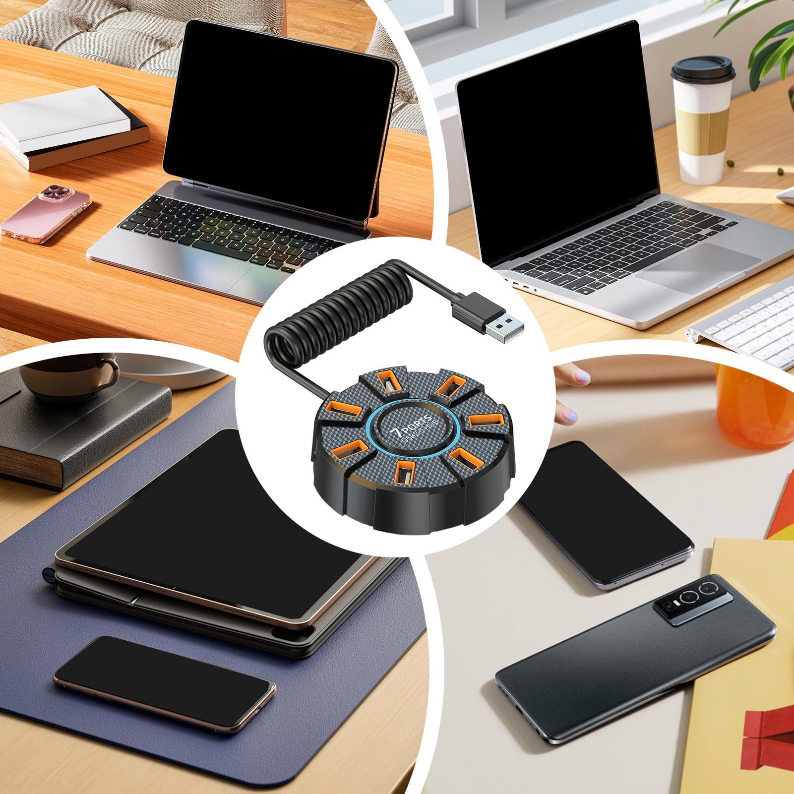 USB ハブ スプリッター - 7 ポート データ USB エキスパンダー ハブ |カラフルなライト付きの丸型 USB ..