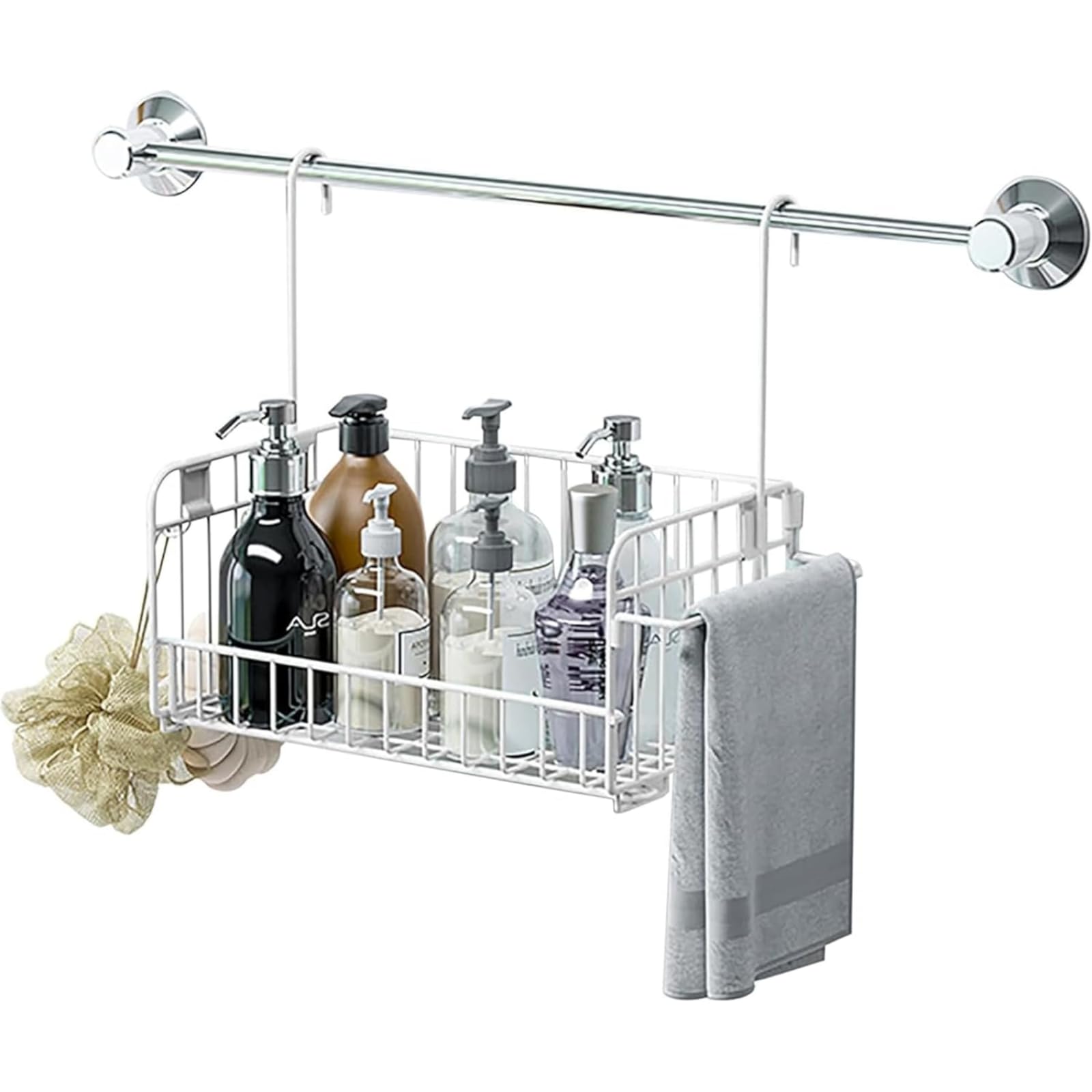 バスルームバスケット 風呂バスラック 浴室用ラック 吊り下げラック シャンプーラック おもちゃ 収納 シャンプー 吊り下げ トイレ 収納 タオルラック付き タオルハンガー/小物フック付き 吊り下げ式 大容量 多機能 組み立て式 (ブラック)