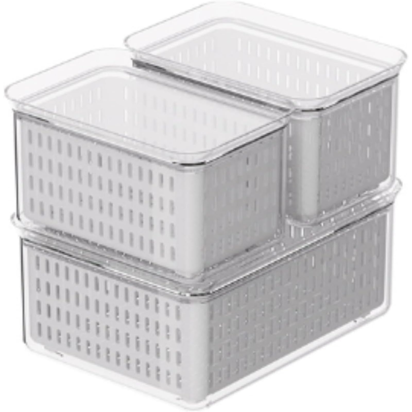 食品野菜保存容器 水切りタイプ鮮度保存容器 冷蔵庫 農産物セーバー クリア密閉 耐冷 蓋付き 積み重ね可能な冷蔵庫オーガナイザー 蓋と取り外し可能な排水トレイ付き 取り外し可能な内かご付きで ベリー 果物 野菜の洗浄に最適で ビン バスケット キッチン用 (三点セット)