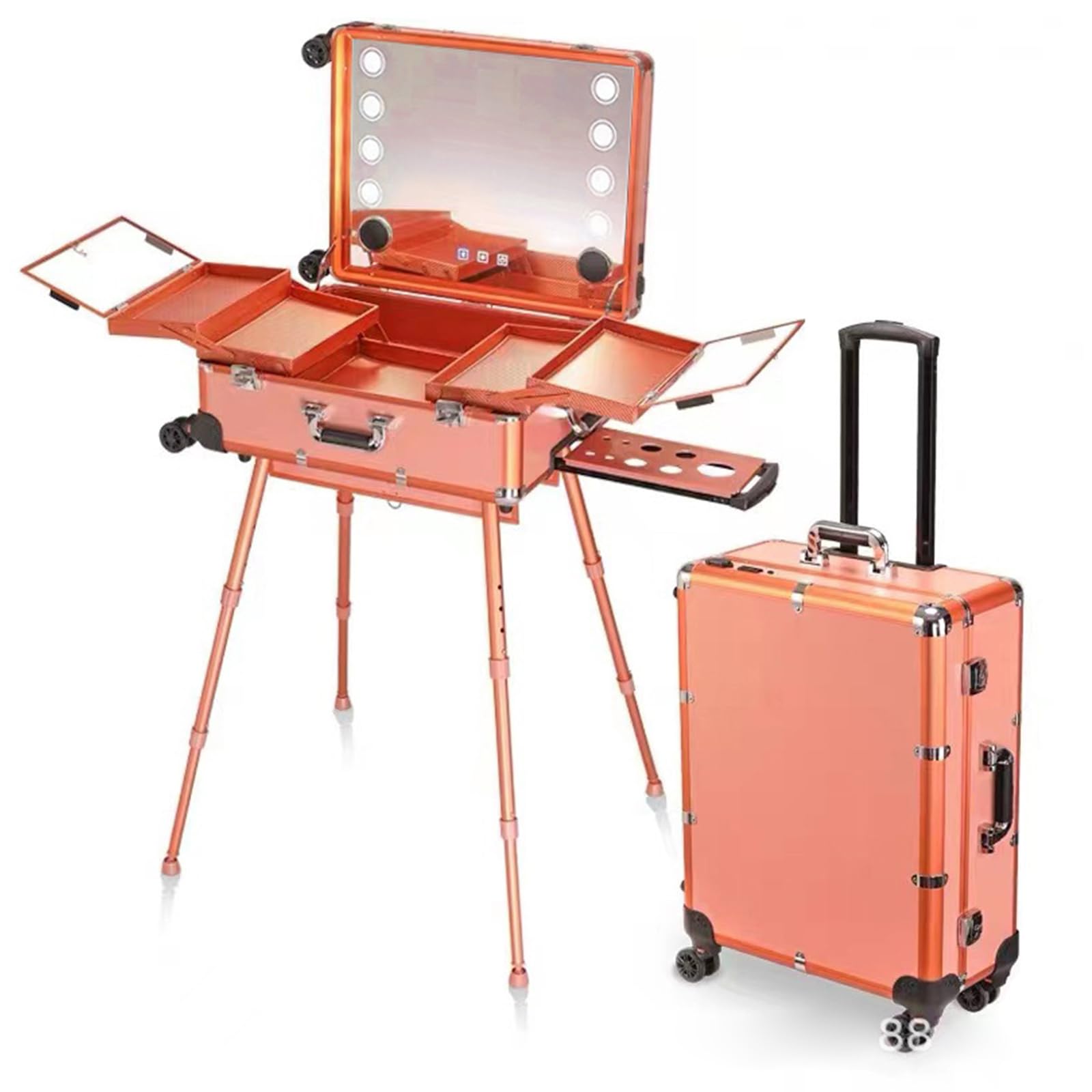 ロ用メイクボックス 鏡付き LEDライト 化粧箱 キャスターが4個付属しています3色光源 ミニドレッサー プロフェッショナル3 in 1ロック可能なアルミニウムメイクアップケース ビューティーサロンや旅行用 (E)