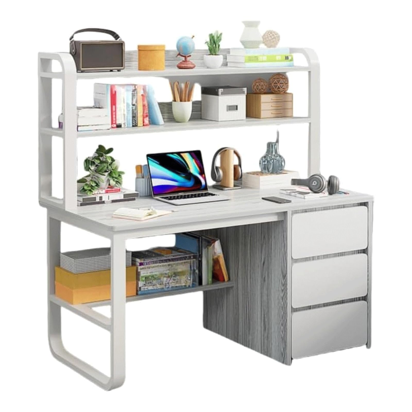 勉強机ィスプレイワーク 金属フレーム お手入れ簡単 多用途 3段引き出し付きパソコンデスク 収納棚とデ..
