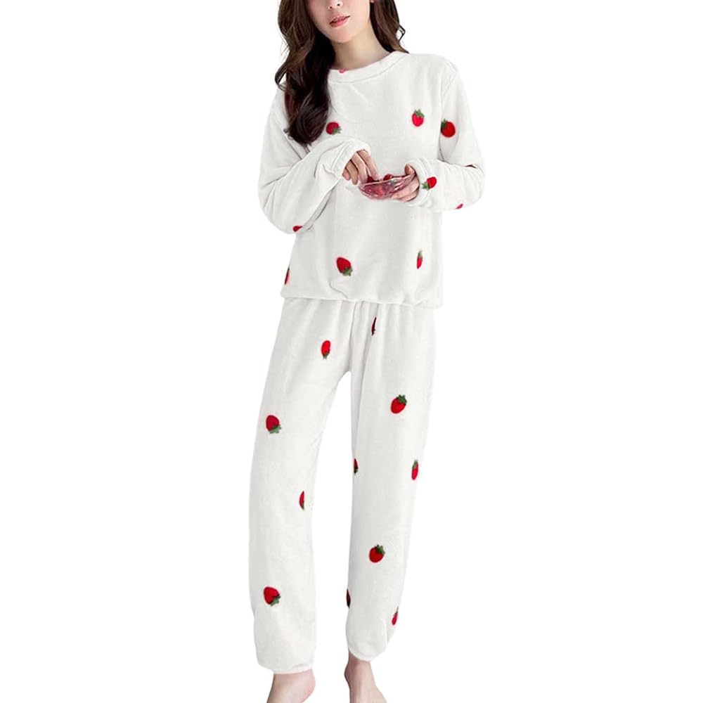 いちご&ピーチ 可愛いプリント 部屋着セットアップ スウェット地 秋冬のくつろぎタイムに プレゼントにも