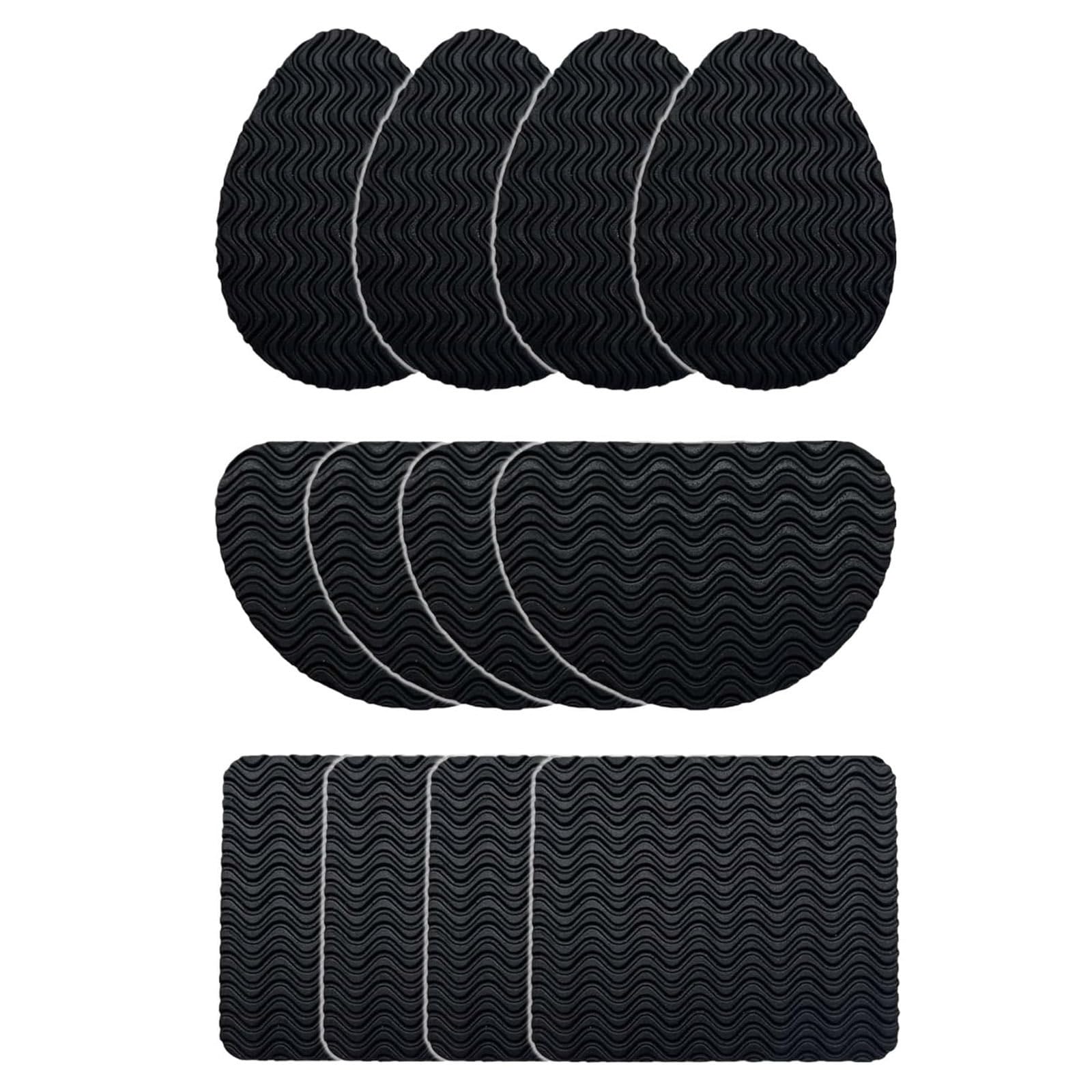 靴底 滑り止め 補修 12枚入り 厚くする 耐摩耗性 ソール 補修 不浸透性の 滑り止めステッカー 強粘着テープ 滑り止め 靴 貼り付けるだけ ソール保護と滑り止めアクセサリー 四角 卵型 D型 ブラック