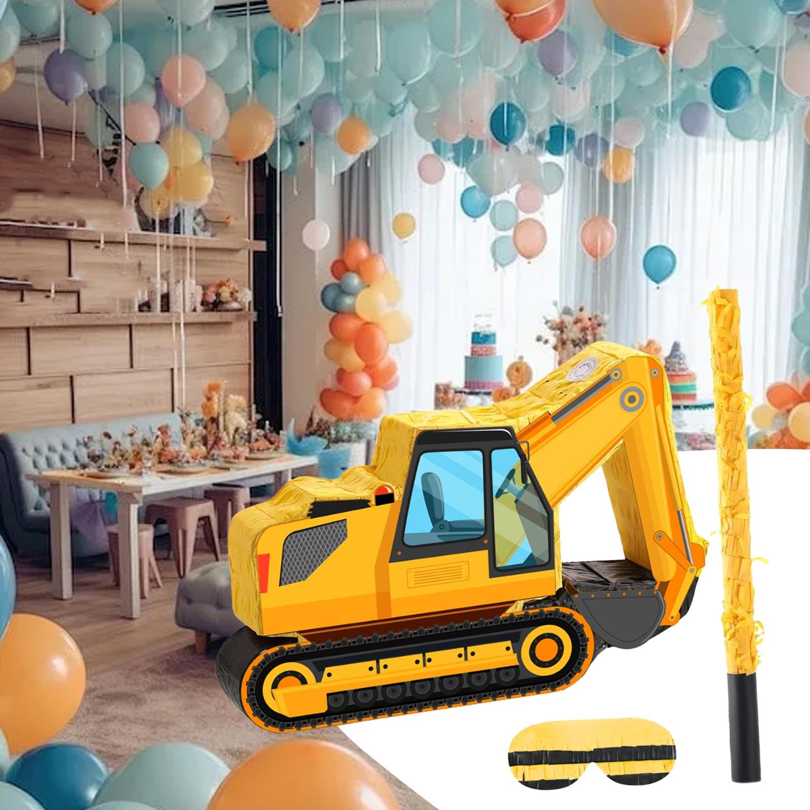 ショベルカーピニャータ 目隠しバット付き エンターテイメント 誕生日アクセサリー 男の子 女の子 楽しいデコレーション パーティー DIY アクティビティ 紙ピニャータ