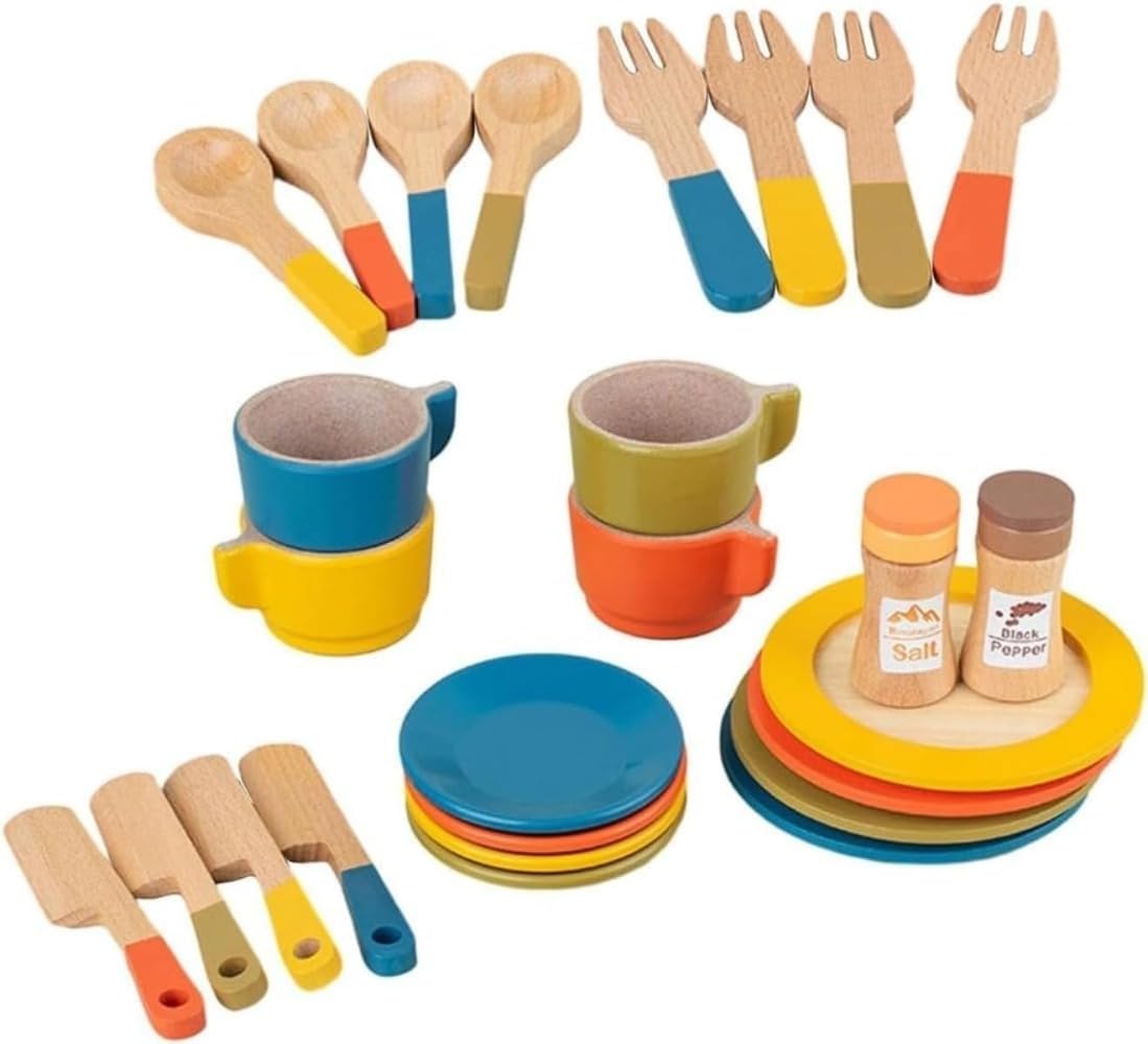 木製 ままごとセット 調理器具 食器セット 木のおもちゃ プレート 皿 スプーン おままごと お皿 子供用 キッチンごっこロールプレイおもちゃ お茶会 ティーセット 誕生日プレゼント 親子ゲーム キッチンアクセサリーセット クッキングセット [並行輸入品]