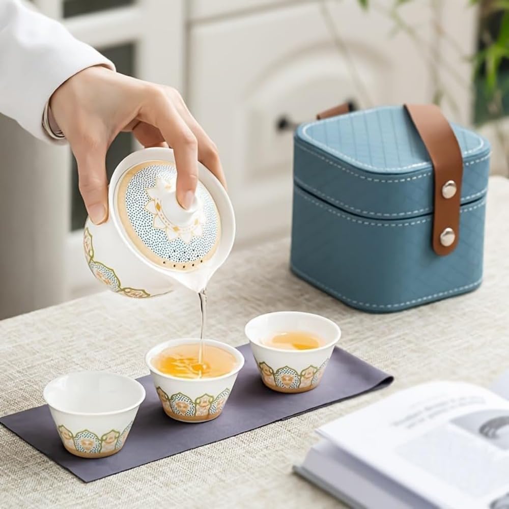 茶道具 セット 中国茶器セット 旅行用茶セット 蓋付きのボウルとティーカップを含む ゴンフウー茶器のギフトセット 実用的ビジネス記念品 (赤)