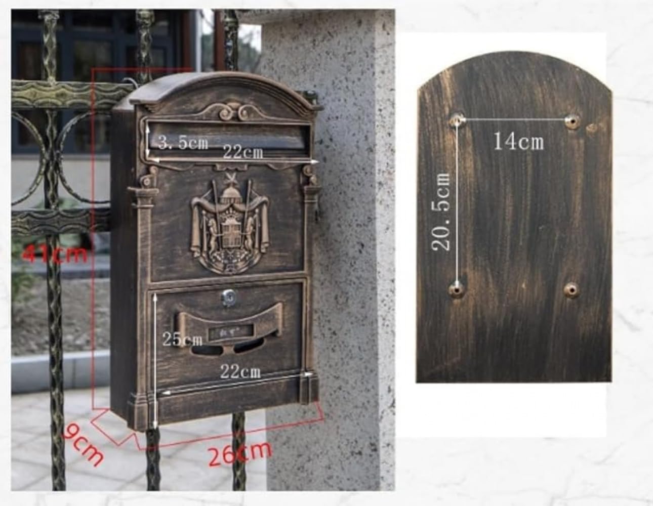 メールボックス 壁取り付けメールボックス、アンティーク紙箱、便箋、鋳造アルミニウム、家庭、オフィ..