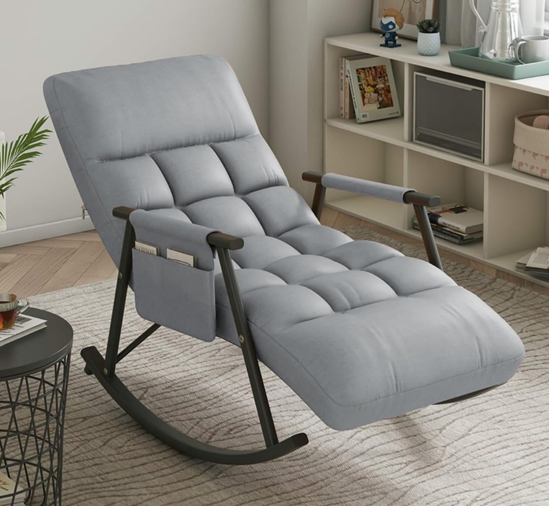 ロッキングチェアリクライニングチェア大人用バルコニーホームレジャーチェアリビングルームランチ休憩怠惰なソファロッキングチェア (ベージュ+ブラックの脚)