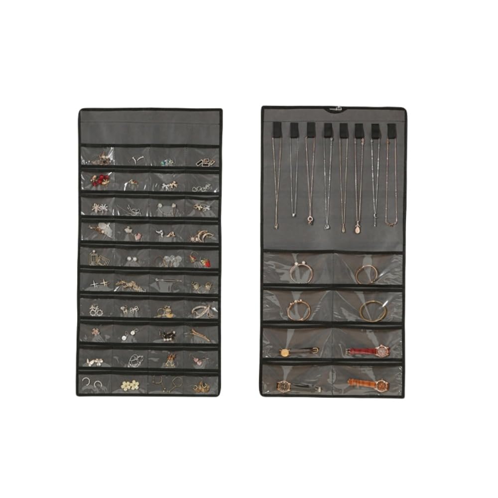 吊り下げジュエリーオーガナイザーロール ハンガーと金属フック付き リバーシブルジュエリーラック イヤリング・ネックレス・クローゼットの壁ドア用 (48グリッド（両面）,ホワイト)