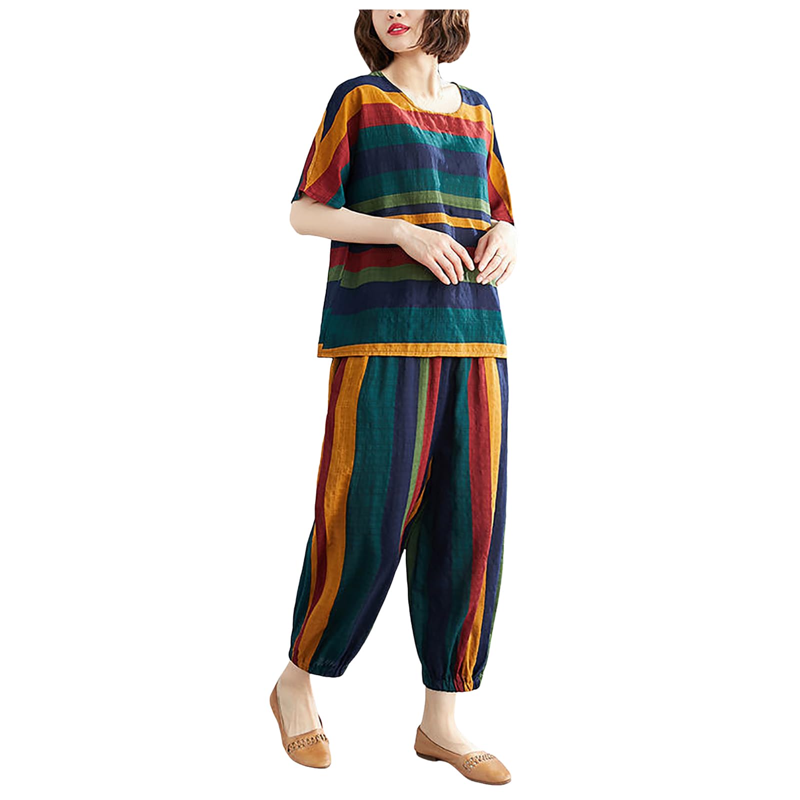 レトロ 2点セット トップス 半袖 カラーストライプ おしゃれ レディース ファッション セットアップ 夏 上下セット 夏服 ブラウス ズボン 大きいサイズ カジュアル 可愛い 通学 普段着 高齢者 通気 薄手 外出着 敬老の日 ギフト