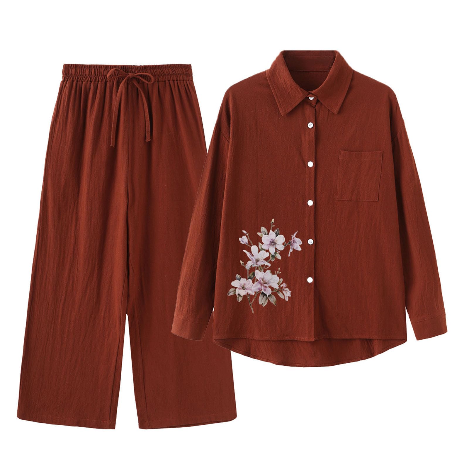 レディース リネン風 シャツ ロングパンツ ハイウエスト ワイドパンツ カジュアル プリント 2点セット 上下セット セットアップ 夏服 長袖 ブラウス ズボン アウター ルームウェア 部屋着 前開き かわいい 肌に優しい 吸汗速乾 四季